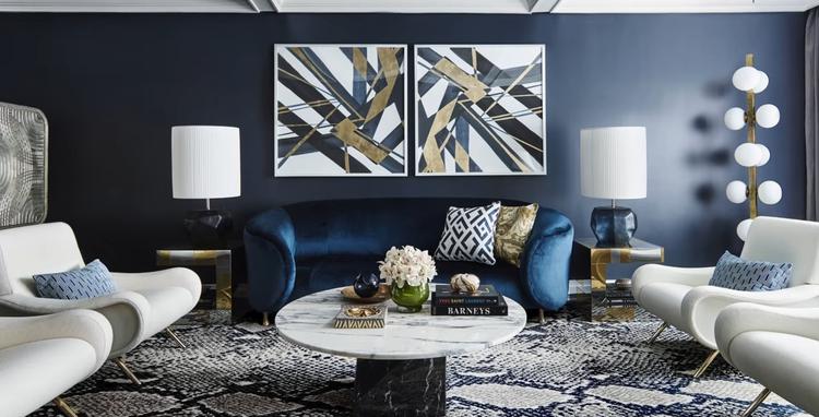 Темно синій глем оксамит золотистий мармур дзеркала